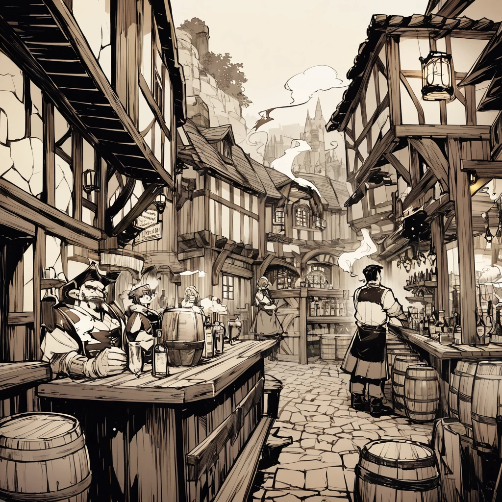 Sepia,An illustration,Vision,Landscape painting,((Never draw a character)),A lively fantasy medieval tavern on a main street,Bartender,Barrels are stacked,Rickety wooden table,The smoke from the grilled skewers fills the air.,Smells like alcohol