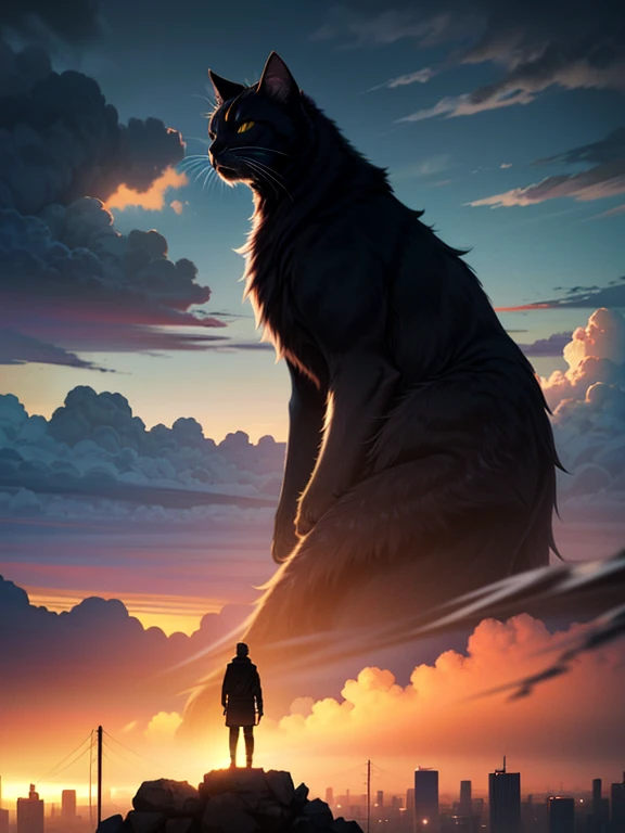 A gigantic cat appears on a skyscraper at night、aerial photograph、Detailed digital art、Very detailed、8k、Hyperrealistic、Photorealistic、masterpiece、Dramatic lighting、Moody、Cinematic、Epic Scale、A looming presence、striking silhouette、dramatic cloud、Atmospheric、A calming color palette、Dramatic Shadows、Intricate architectural details、A sense of awe and wonder