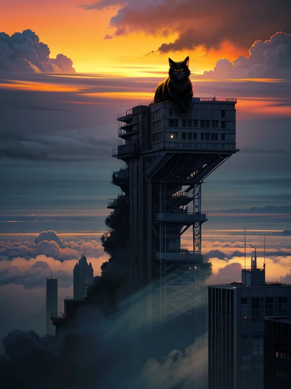 A gigantic cat appears on a skyscraper at night、aerial photograph、Detailed digital art、Very detailed、8k、Hyperrealistic、Photorealistic、masterpiece、Dramatic lighting、Moody、Cinematic、Epic Scale、A looming presence、striking silhouette、dramatic cloud、Atmospheric、A calming color palette、Dramatic Shadows、Intricate architectural details、A sense of awe and wonder