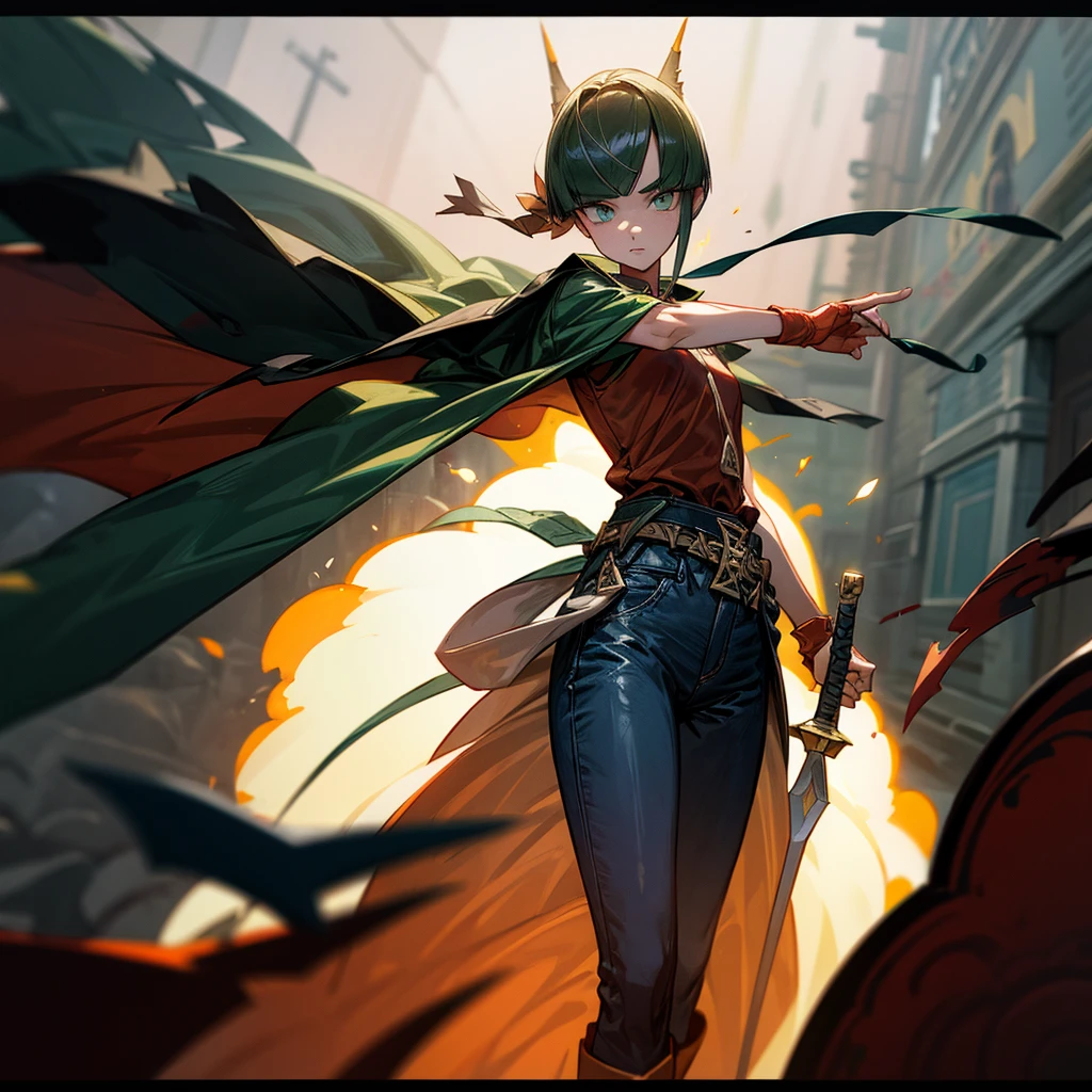 1girl, Full body version, 1character, green eyes, short haircut, (green color hair), undershirt style clothing, red colour clothing, jeans, belt, boots, Grassroots, full background in street city, (motion blur), (detective conan style art), sword in hand, fire effect on sword, lighting effect on sword, fire effect, blood on sword, smoke effect, fire effect 