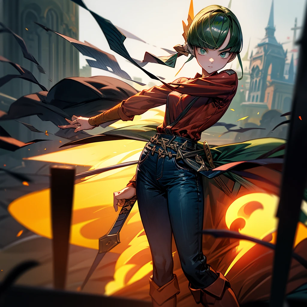 1girl, Full body version, 1character, green eyes, short haircut, (green color hair), undershirt style clothing, red colour clothing, jeans, belt, boots, Grassroots, full background in street city, (motion blur), (detective conan style art), sword in hand, fire effect on sword, lighting effect on sword, fire effect, blood on sword, smoke effect, fire effect 