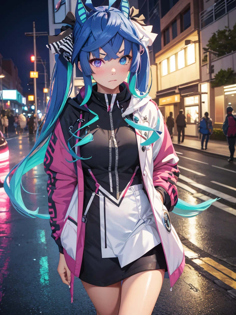 (Masterpiece, best quality, high res、highly detailed cg: 1), Standing on a street corner night, I suddenly feel a gaze upon me. Following the gaze, I see a streetwalker standing nearby. She doesn't approach or call out, but her eyes are filled with temptation, quietly standing but making it impossible to look away once our eyes meet. Twin_Turbo_Umamusume, aqua hair, twintails, heterochromia, purple eyes, blue eyes, sharp teeth,hores tails, nsfw, short stature, open coat, Showing her underwear, Blush, half closed eyes