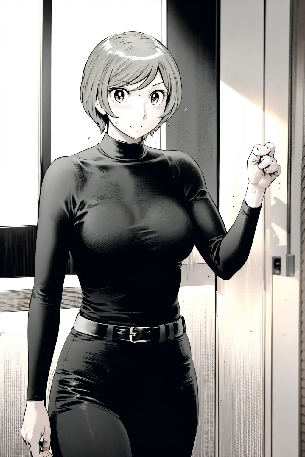 、(masterpiece、Highest quality)、Highest quality, Ultra-high resolution, (((masterpiece))), alone, Sweat、Big eyes,Tight black shirt、Tight white pants、belt、indoor、Composition from the front、(Cut the back hair short、short hair、blonde、woman)、Shortcuts、Embarrassed face、Cut your hair short、可愛いwomanの子、Big Breasts、office