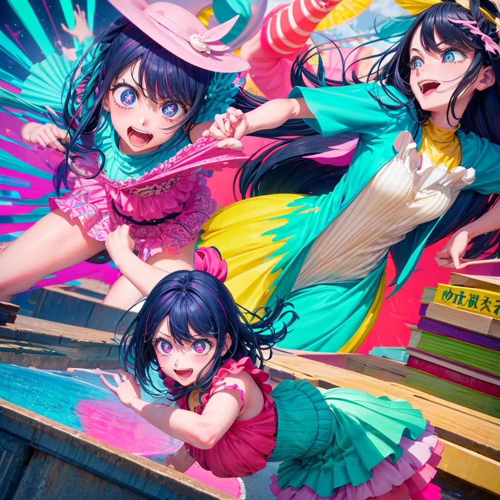 Create a vibrant and eye-catching anime-style thumbnail of a clumsy and naturally awkward girl. She should have bright, expressive eyes and a cheerful, slightly embarrassed smile. Her hair is styled in a playful, messy fashion with a fun, bright color like pastel pink or blue. Dress her in a cute, casual outfit such as a colorful dress or a fun, patterned top with a skirt. Illustrate her in a humorous or slightly chaotic situation—like dropping a stack of books, spilling a drink, or tripping over something—with exaggerated, playful expressions and movements. The background should be lively and engaging, with bright colors and dynamic elements that highlight her clumsiness and add visual interest to the thumbnail. Include some small, amusing details around her to enhance the playful and whimsical feel.