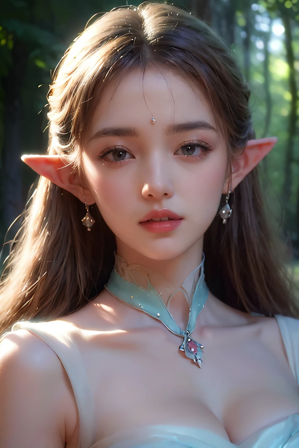 elf portrait, enchanting beauty, fantasy, ethereal glow, pointed ears, delicate facial features, long elegant hair, nature-themed attire, mystical ambiance, soft lighting, tranquil expression, harmonious with nature, subtle magical elements, serene, intricate jewelry, dreamlike quality, pastel colors nude showing 