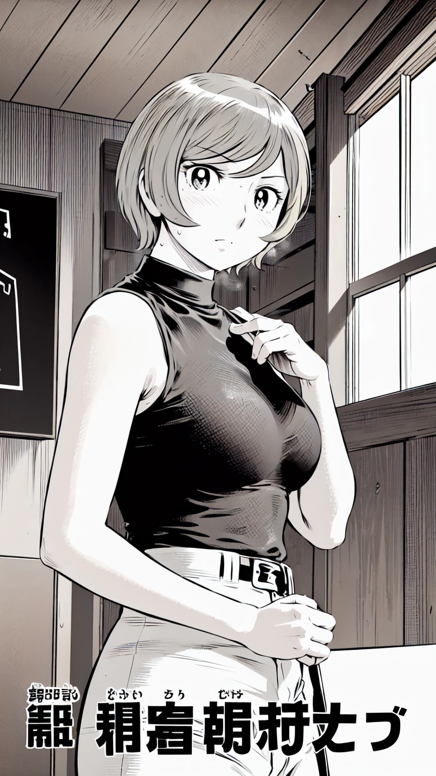 、(masterpiece、Highest quality)、Highest quality, Ultra-high resolution, (((masterpiece))), alone, Sweat、Big eyes,Tight black shirt、Tight white pants、belt、indoor、Composition from the front、(Cut the back hair short、short hair、blonde、woman)、Shortcuts、Embarrassed face、Cut your hair short、可愛いwomanの子、Big Breasts、Inside the room、Full Color、Baseball uniform