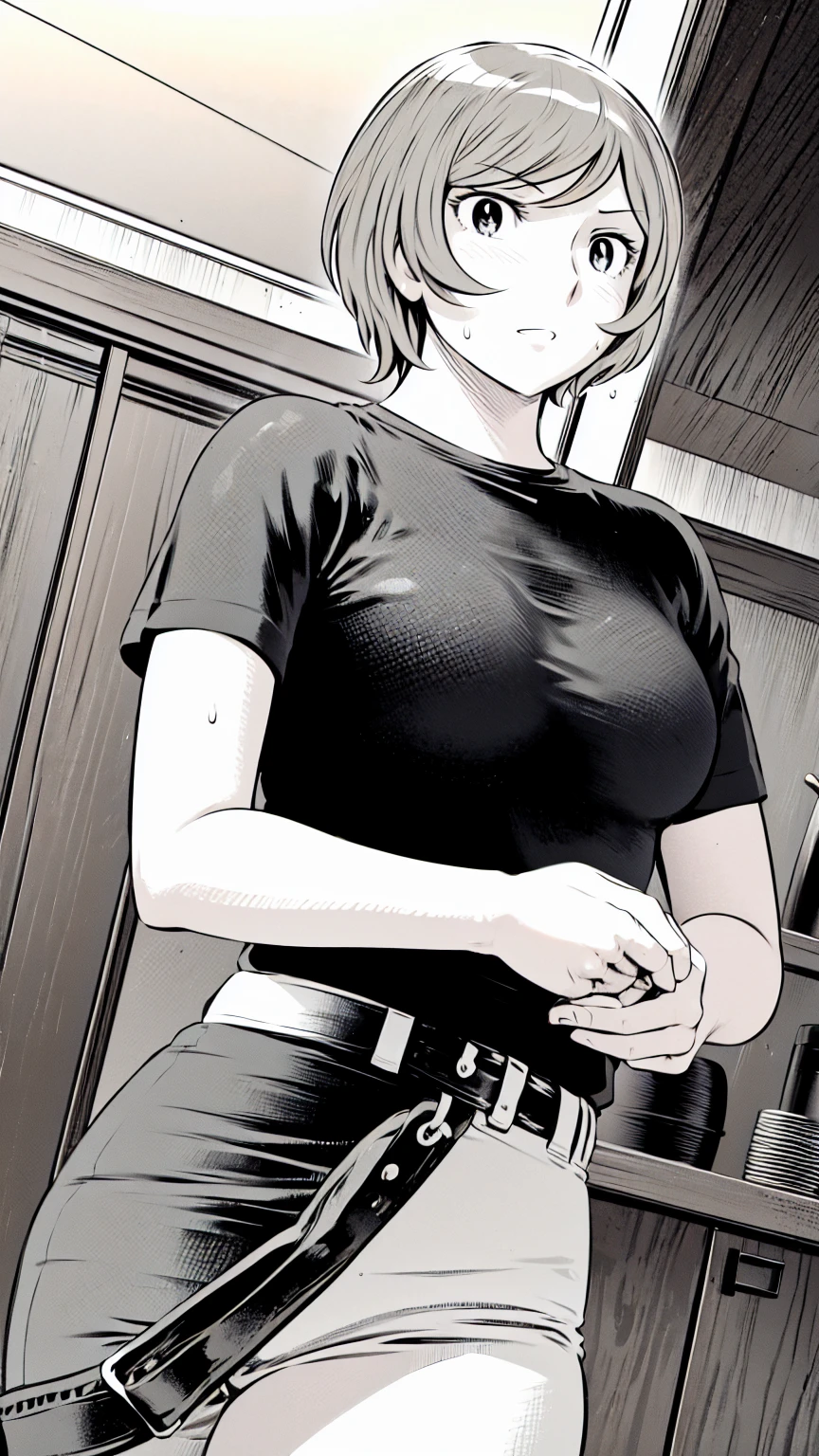 、(masterpiece、Highest quality)、Highest quality, Ultra-high resolution, (((masterpiece))), alone, Sweat、Big eyes,Tight black shirt、Tight white pants、belt、indoor、Composition from the front、(Cut the back hair short、short hair、blonde、woman)、Shortcuts、Embarrassed face、Cut your hair short、可愛いwomanの子、Big Breasts、Inside the room、Full Color、Baseball uniform
