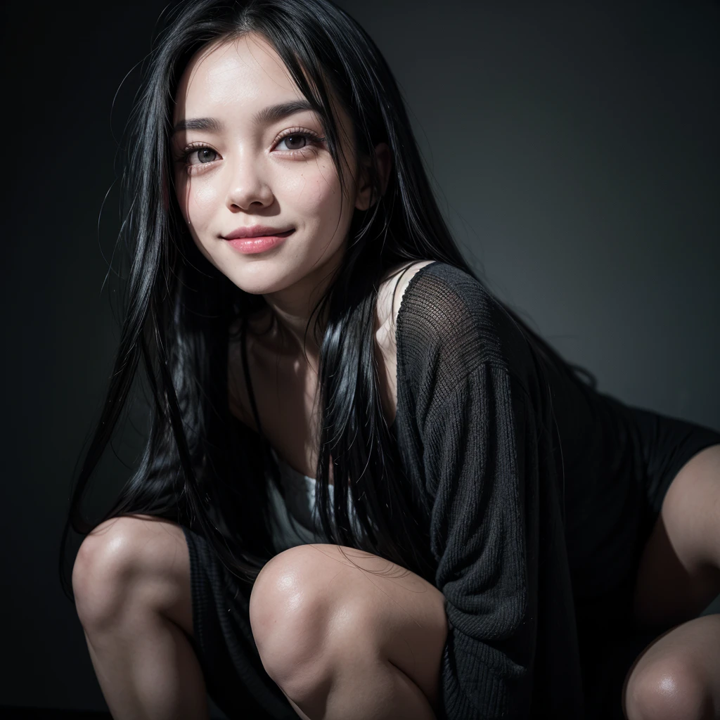 Woman, long black hair, bird legs, creepy smile, black eyes in a dark room 