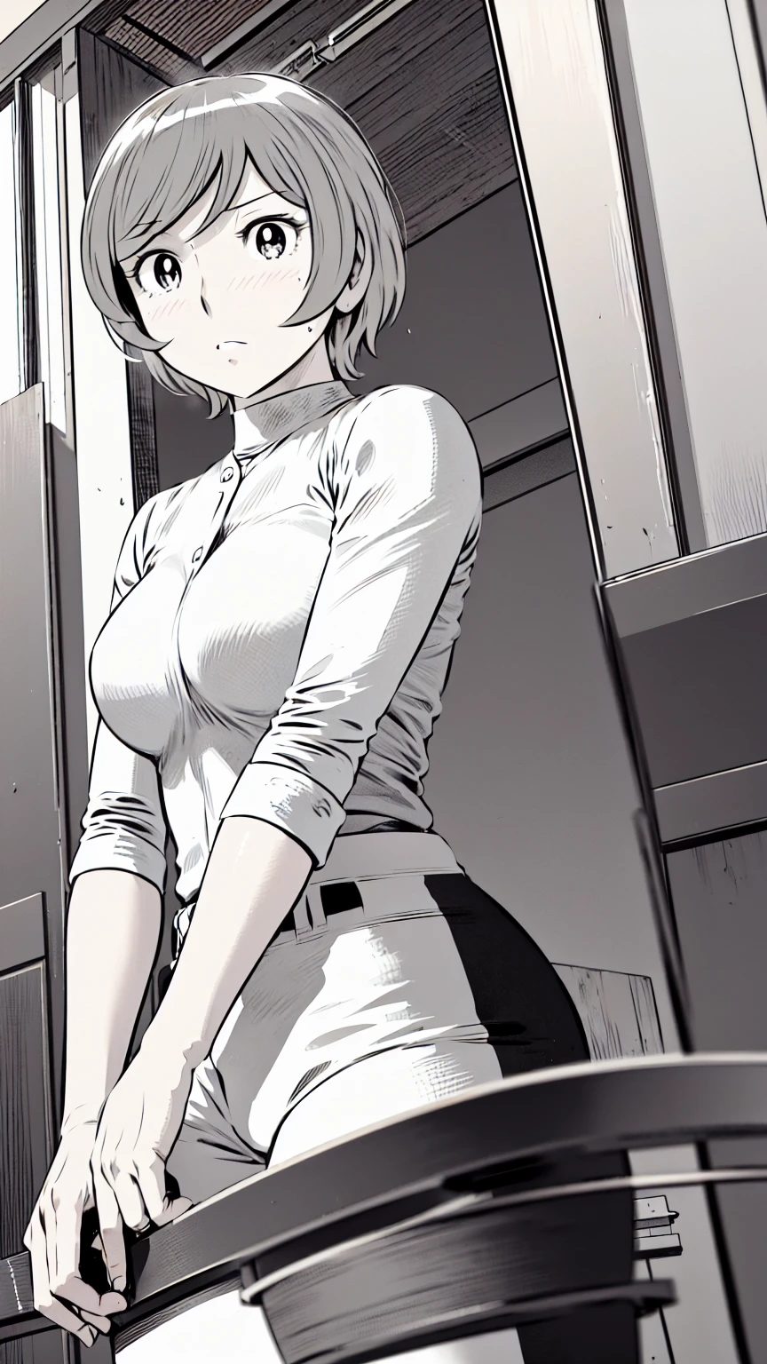 、(masterpiece、Highest quality)、Highest quality, Ultra-high resolution, (((masterpiece))), alone, Sweat、Big eyes,Tight black shirt、Tight white pants、belt、indoor、Composition from the front、（Cut the back hair short、short hair、blonde、woman）、Shortcuts、Embarrassed face、Cut your hair short、可愛いwomanの子、Big Breasts、Inside the room、Full Color、Baseball uniform