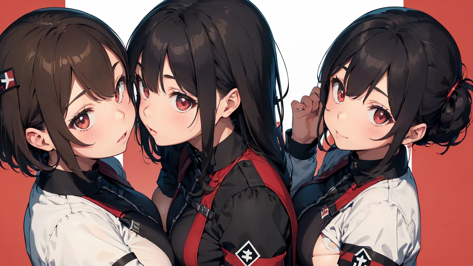 Gestapo uniform, female lesbian kawaii sisters kissing passionately with T-54 tank. wearing Luftwaffe uniforms. 8k. masterpiece. best quality. best artwork. lingerie. Swastika insignia red armband. bare breasts