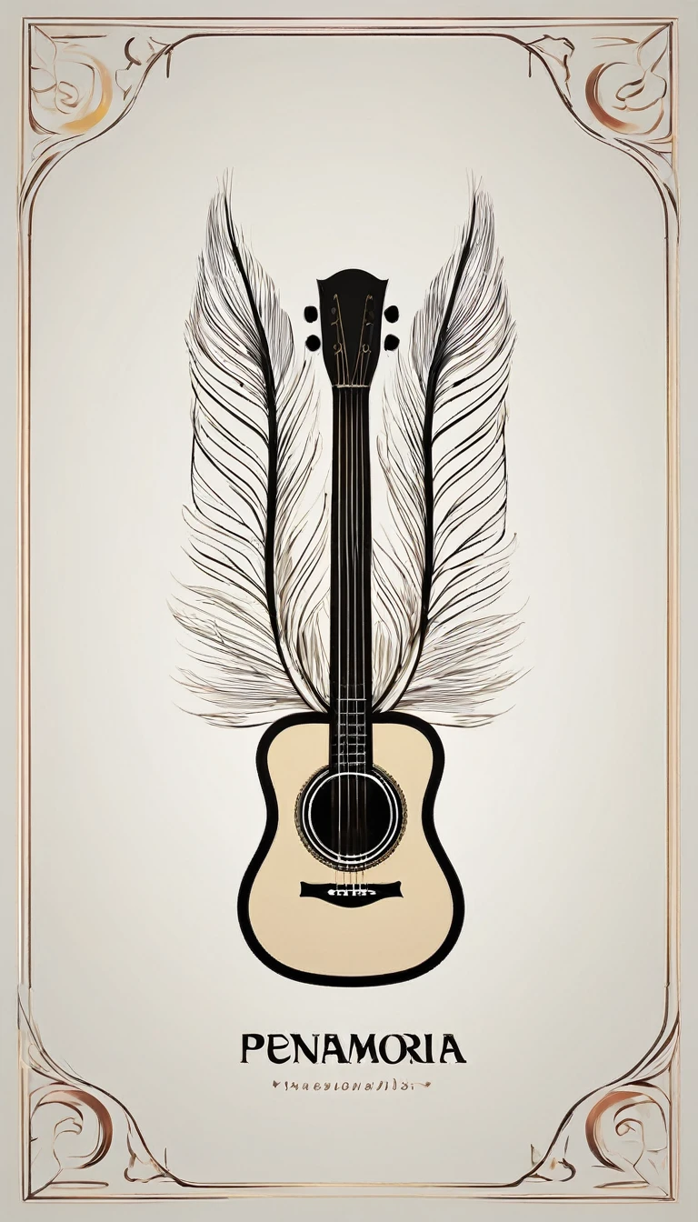 A minimal, modern, simple, cinematic logotype for the brand “Penamemoria". The logotype must be a simple, magical feather and a boy playing acoustic guitar. The logo must convey a sense of music, stories and dreams. Logo design impressed on a book cover. Minimalistic logo