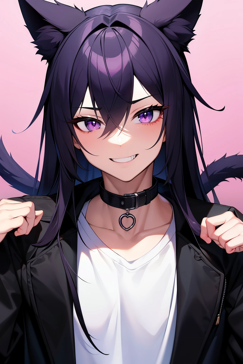 wallpapers, 4k, Anime style, Masterpiece, 1boy, sora, cute, cat ears, cat tail, Side bangs, Long hair, dark purple hair, black pupils, orange_eyes, neko, smirking, Smiling, badass, looking at viewer, collar, warm clothes with fur, Happy, Playful, SFW, fit, muscular physique, black skin_tight_pants, loose_white_shirt, male,