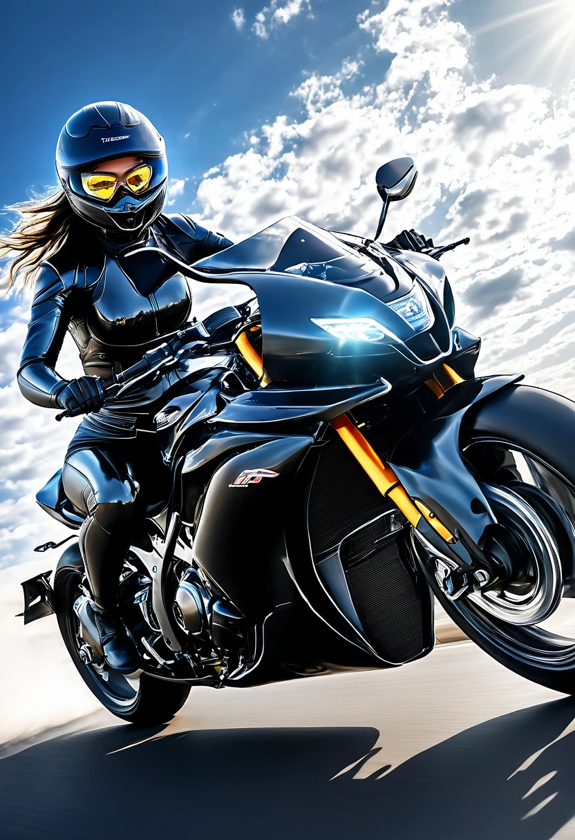 photorealistic of 1girl(stunning goddess beauty in perfect curved body(anatomy accurately:1.0))riding hyper speed motorcycle in the speed of light, riding, futuristic motorcycle, duck position, iconic racing stance, hyper speed, speed of light, left the light trail behind(light trail:1.2), light trail, above light, transparent goggles, clouds background, , dynamic angle, cinematic motion, dynamic photoshot, epic realistic, face down, looking down to camera, dramatic light, super detailed, uhd, 8k, wallpaper, insane quality, DSLR photoshot, in tight black shining body suit, from below view, low angle, 