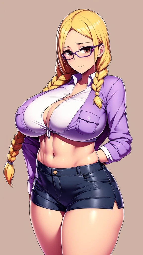 A beautiful sexy girl with a big breast, long round blonde hair, braids, her brown eye, big purple glasses, wearing a blouse, a light purple pocket with a button, tied knot, showing a navel and a blue shorts, a pocket with a black heel.