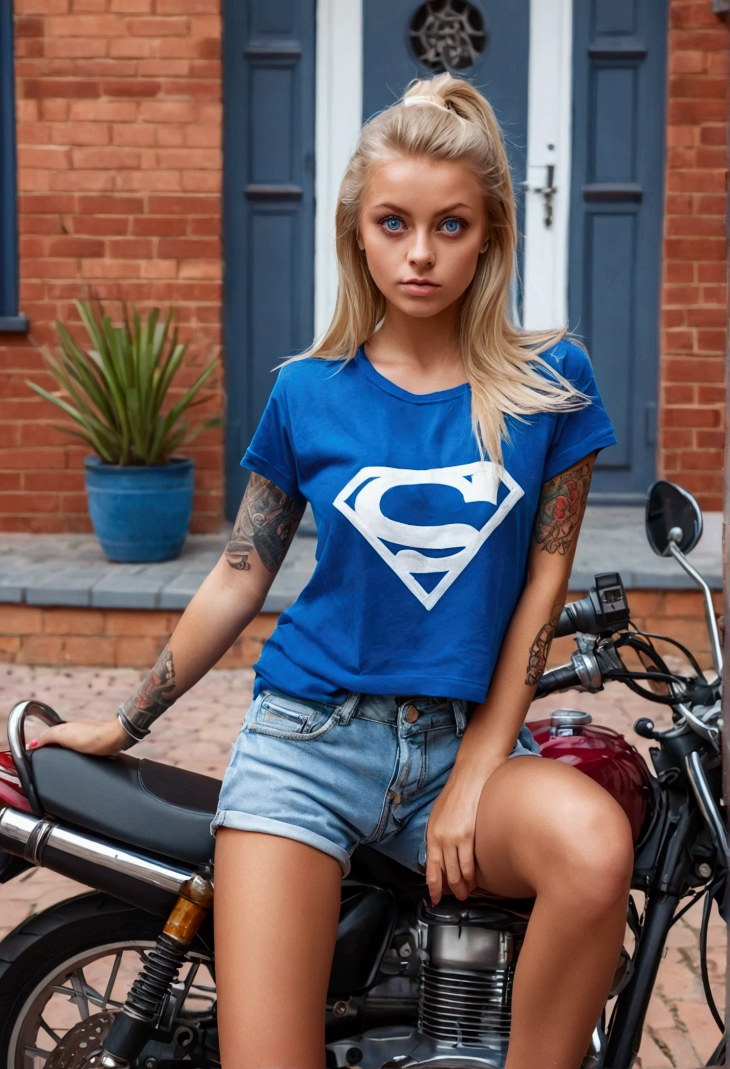 Blonde girl with big blue eyes, on the motorbike on the driveway of red brick house, looking to the camera and wearing blue shorts and red T-shirt, tanned skin, a tattoo on her upper leg,