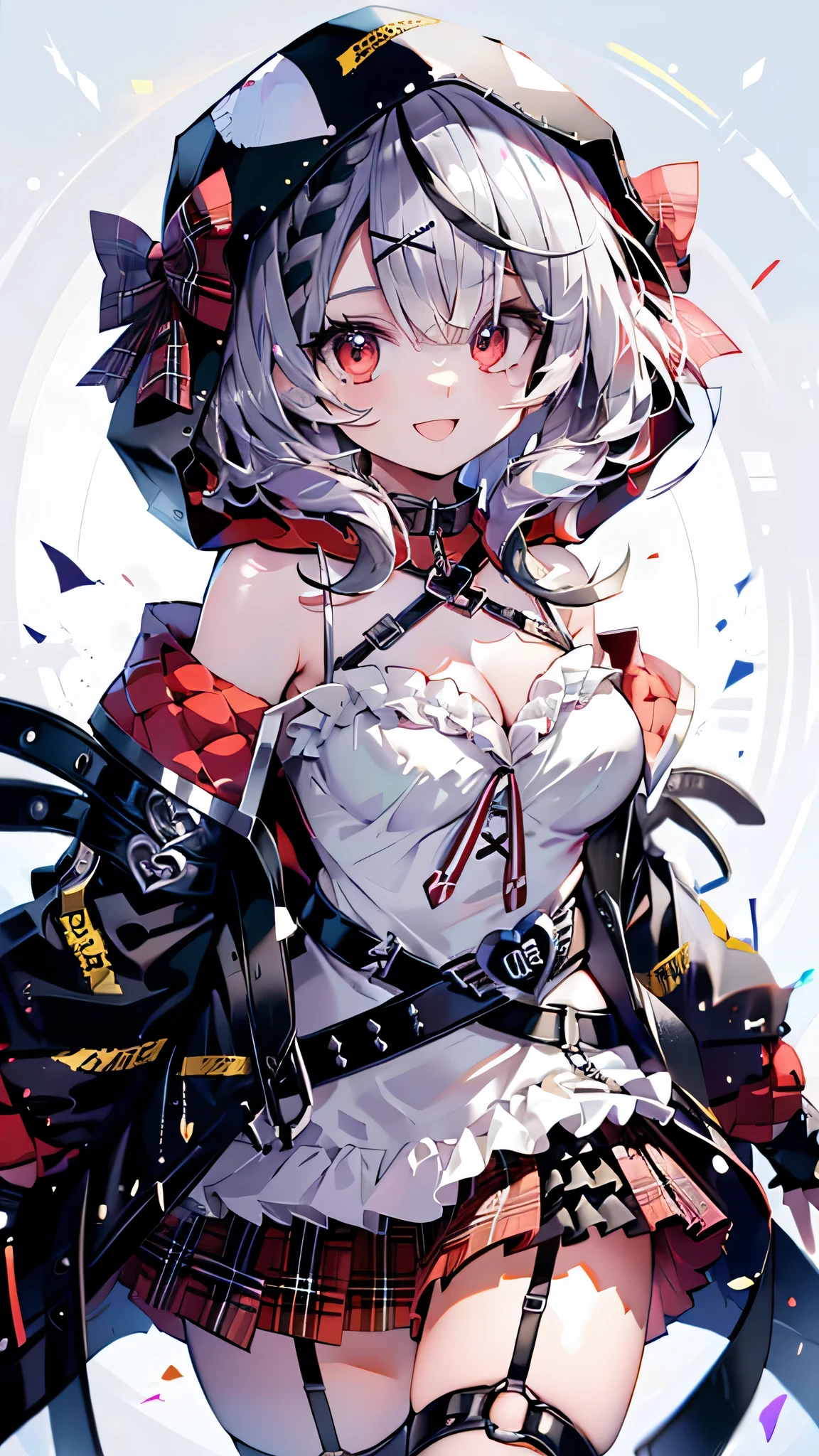 (Ultra-high resolution,masterpiece, Attention to detail, Highest quality), 8k,(1girl, solo, red eyes, sakamata chloe, garter straps, fingerless gloves, torn thighhighs, grey hair, multicolored hair, plaid skirt, cleavage, x hair ornament, red skirt, black collar, white camisole, breasts, braid, black belt, medium hair, black jacket, hood up, plaid bow),(Blessed,Captivating body、Ultra-detailed skin、Super beautiful eyes、Detailed Background),One girl、 (cheerful ,enjoy :1.5),