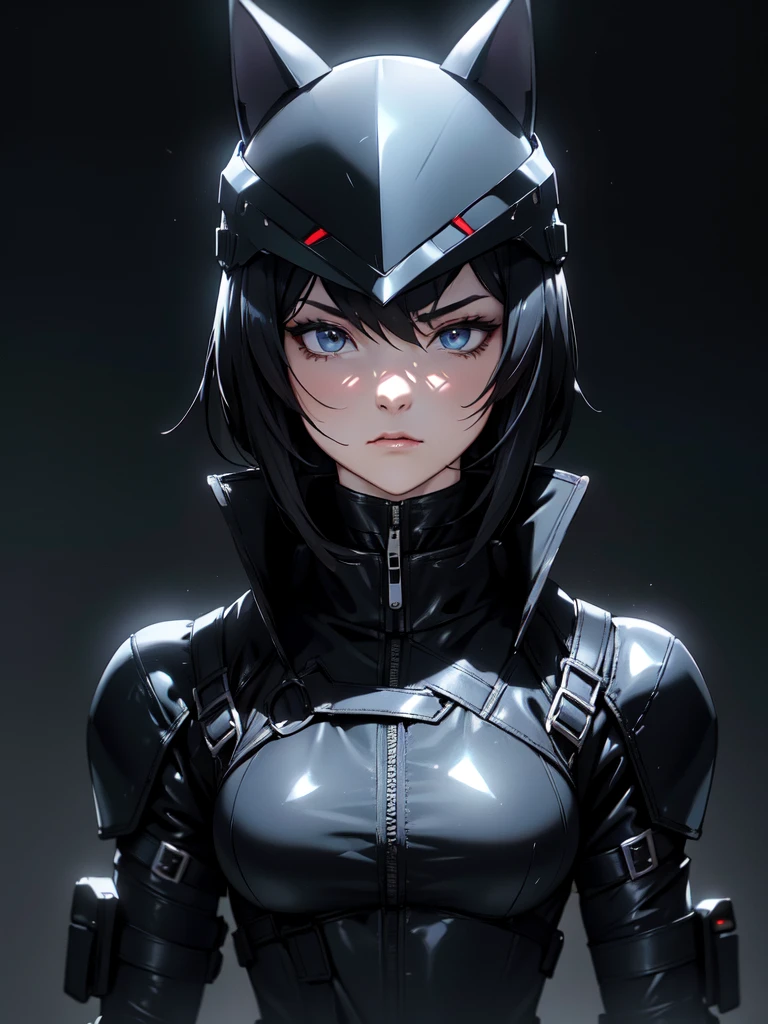 (((Portrait Photo))), The character is an enigmatic and futuristic figure dressed in a fully black, shiny suit made of a material similar to latex or leather. The figure is equipped with a helmet that covers the entire head, featuring a dark visor and stylized cat ears, adding a feline and technological element to their appearance. Their outfit is reinforced with a tactical vest bearing the letters "S.R.V.," along with multiple straps, belts, and pockets for gear, suggesting readiness for combat or tactical situations. They are also wearing black gloves and holding what appears to be a weapon or tool, emphasizing their prepared and professional demeanor. Their presence is intimidating, projecting a mix of mystery, power, and high technology. (((High Quality, Dark Background))), (((Portrait Photo)))