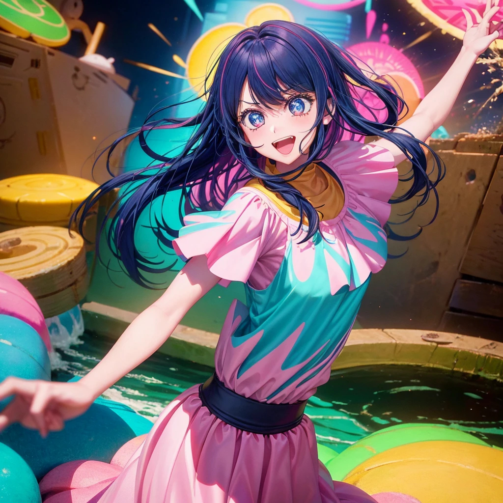 Create a vibrant and eye-catching anime-style thumbnail of a clumsy and naturally awkward girl. She should have bright, expressive eyes and a cheerful, slightly embarrassed smile. Her hair is styled in a playful, messy fashion with a fun, bright color like pastel pink or blue. Dress her in a cute, casual outfit such as a colorful dress or a fun, patterned top with a skirt. Illustrate her in a humorous or slightly chaotic situation—like dropping a stack of books, spilling a drink, or tripping over something—with exaggerated, playful expressions and movements. The background should be lively and engaging, with bright colors and dynamic elements that highlight her clumsiness and add visual interest to the thumbnail. Include some small, amusing details around her to enhance the playful and whimsical feel.