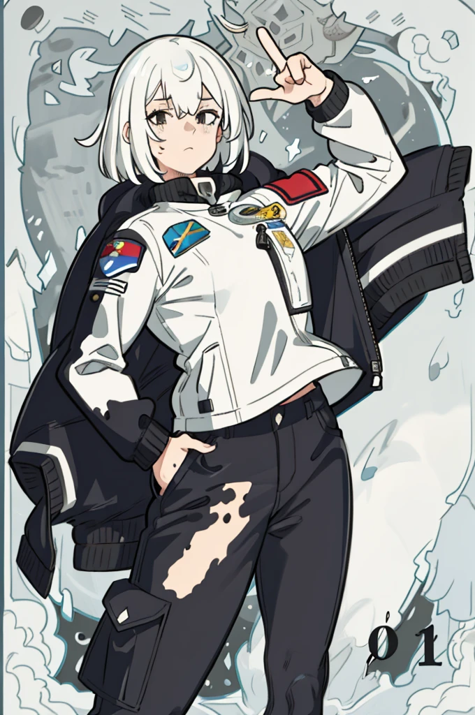 1girl, cargo pant, astronaut pants, jacket spacial, dalmata hair, talk pose, stronger, muscular, bob hair, masterpiece, best quality, highly detailed