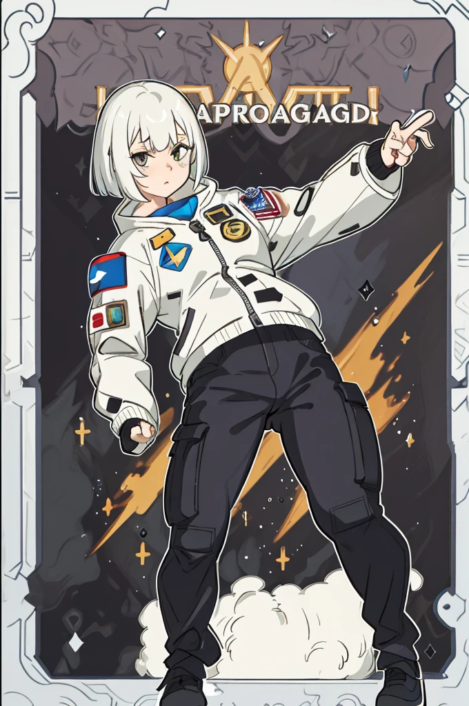 1girl, cargo pant, astronaut pants, jacket spacial, dalmata hair, talk pose, stronger, muscular, bob hair, masterpiece, best quality, highly detailed