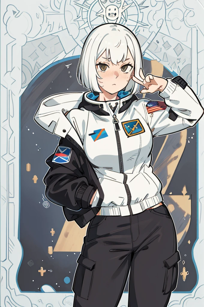 1girl, cargo pant, astronaut pants, jacket spacial, dalmata hair, talk pose, stronger, muscular, bob hair, masterpiece, best quality, highly detailed