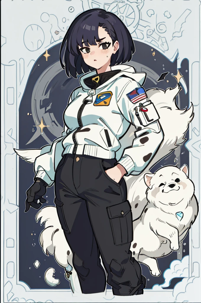 1girl, cargo pant, astronaut pants, jacket spacial, dalmata hair, talk pose, stronger, muscular, bob hair, masterpiece, best quality, highly detailed