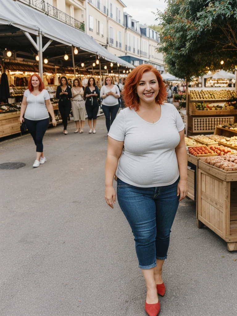 Xyrele, 1girl, solo, 30 years old, (((French face))), (((French nose))), (((French lips))), ((((chubby)))), (((wide hips))), (((red hair))), crinkly short hair, wearing casual designed modern trend wear, ((Background: Shopping at the outdoor market)), ((upper body and upper legs)), smiling