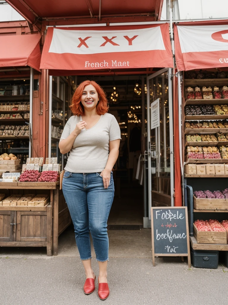 Xyrele, 1girl, solo, 30 years old, (((French face))), (((French nose))), (((French lips))), ((((chubby)))), (((wide hips))), (((red hair))), crinkly short hair, wearing casual designed modern trend wear, ((Background: Shopping at the outdoor market)), ((upper body and upper legs)), smiling