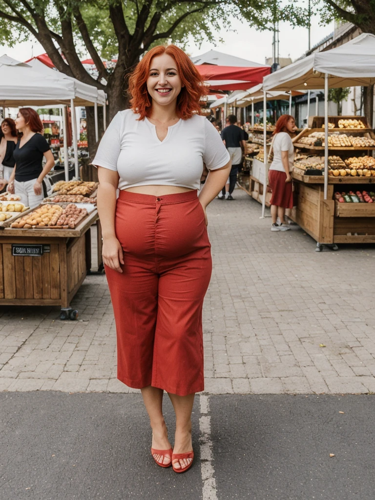 Xyrele, 1girl, solo, 30 years old, (((French face))), (((French nose))), (((French lips))), ((((chubby)))), (((wide hips))), (((red hair))), crinkly short hair, wearing casual designed modern trend wear, ((Background: Shopping at the outdoor market)), ((upper body and upper legs)), smiling