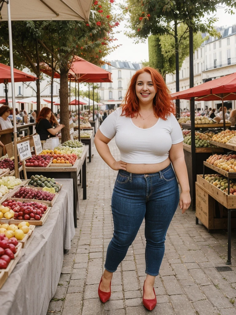 Xyrele, 1girl, solo, 30 years old, (((French face))), (((French nose))), (((French lips))), ((((chubby)))), (((wide hips))), (((red hair))), crinkly short hair, wearing casual designed modern trend wear, ((Background: Shopping at the outdoor market)), ((upper body and upper legs)), smiling