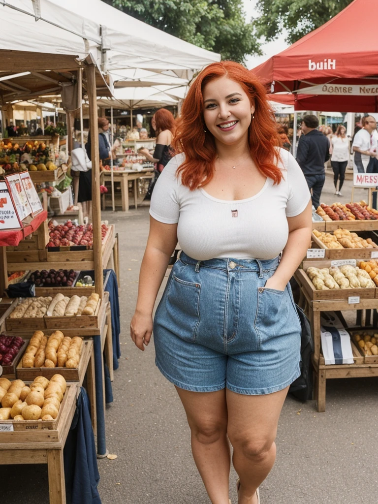Xyrele, 1girl, solo, 30 years old, (((French face))), (((French nose))), (((French lips))), ((((chubby)))), (((wide hips))), (((red hair))), crinkly short hair, wearing casual designed modern trend wear, ((Background: Shopping at the outdoor market)), ((upper body and upper legs)), smiling