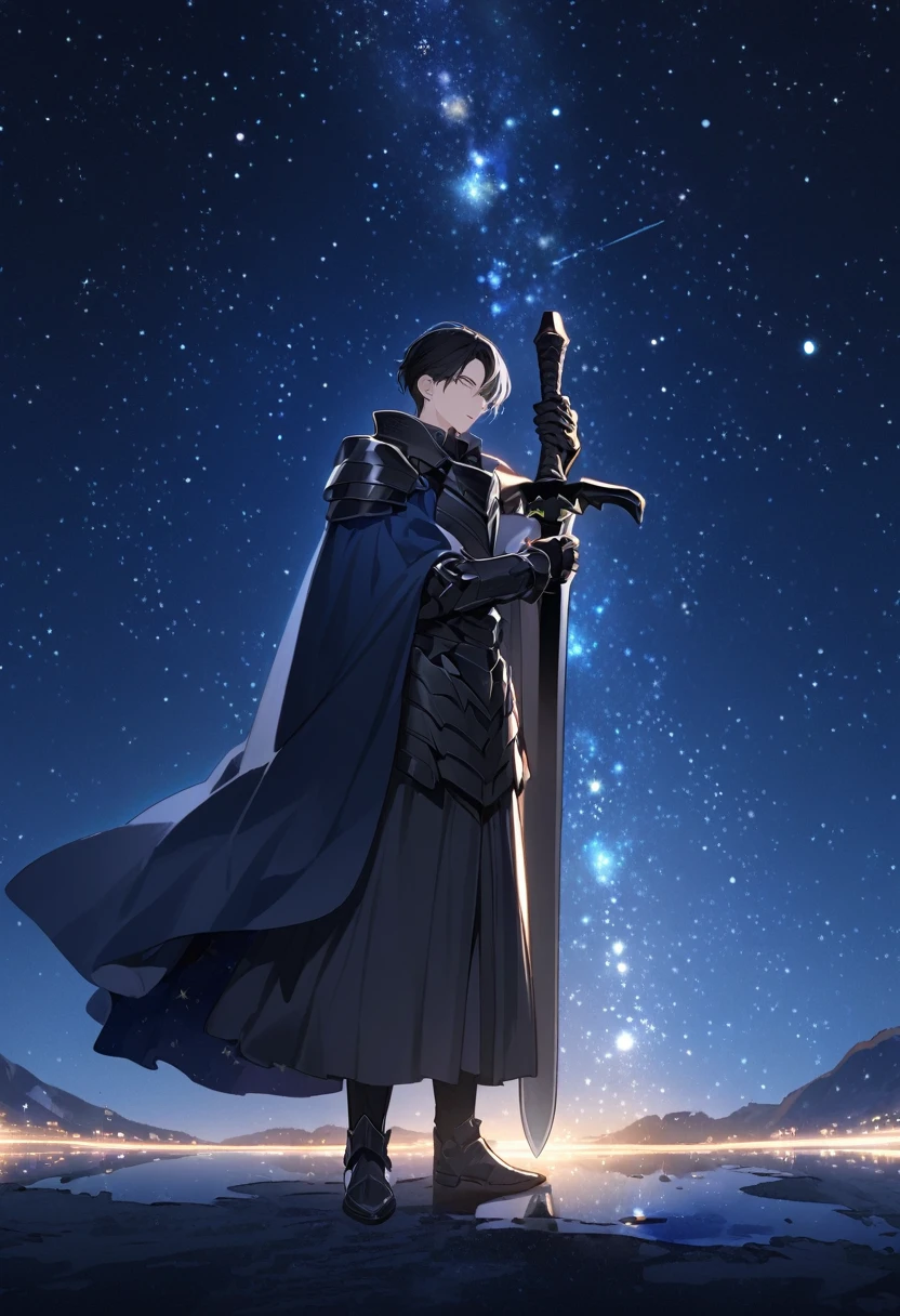 Solo-man, tall man, masculine, short black hair, black armor, blue starry cloak, holding a black sword in one hand, starry night in background