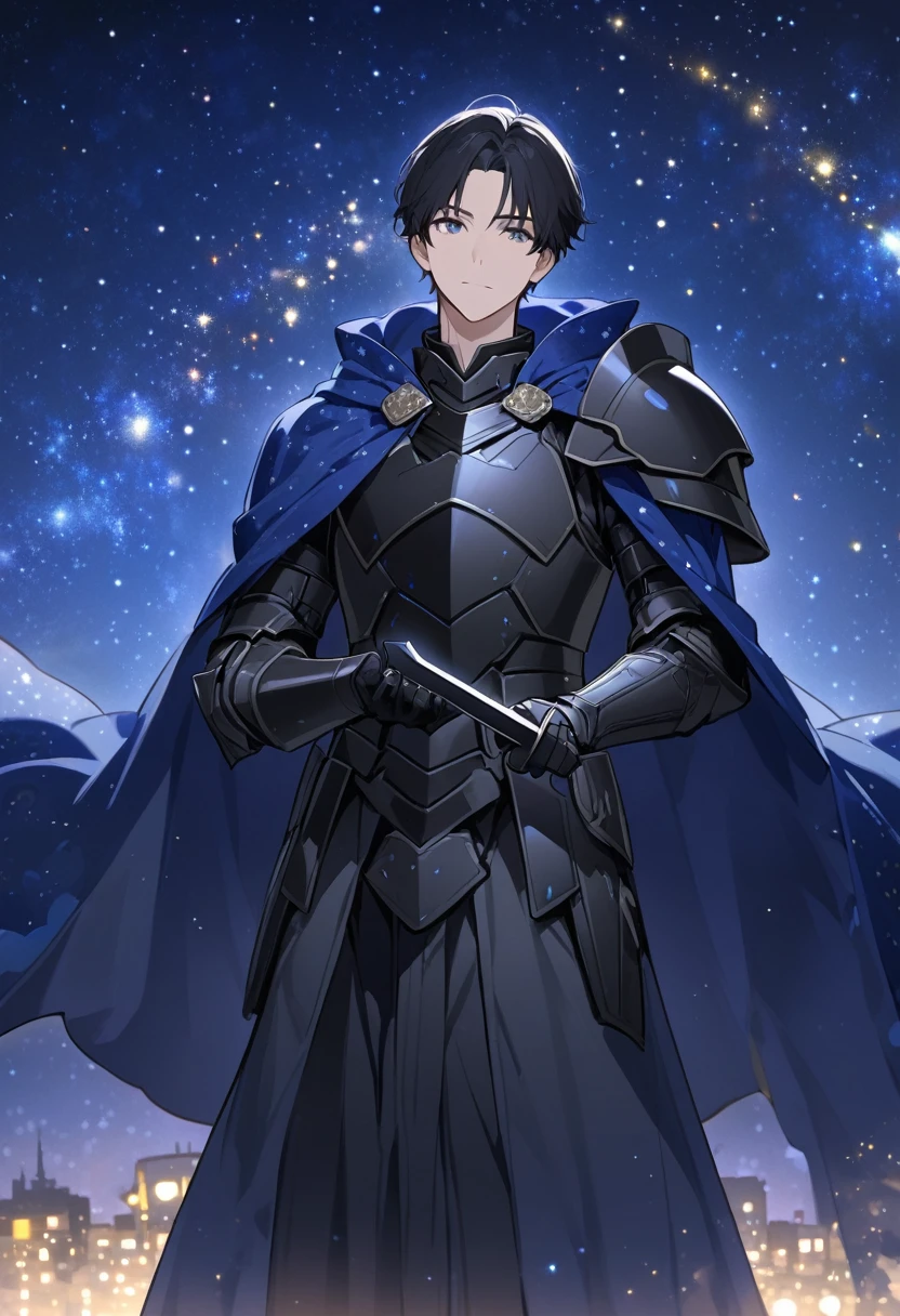 Solo-man, tall man, masculine, short black hair, black armor, blue starry cloak, holding a black sword in one hand, starry night in background