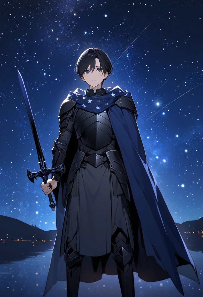 Solo-man, tall man, masculine, short black hair, black armor, blue starry cloak, holding a black sword in one hand, starry night in background 