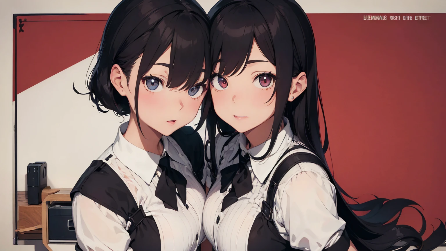Propaganda poster. Gestapo uniform, female lesbian kawaii sisters kissing passionately wearing SS uniforms. 8k. masterpiece. best quality. best artwork. lingerie. swastika insignia. busty bare breasts.