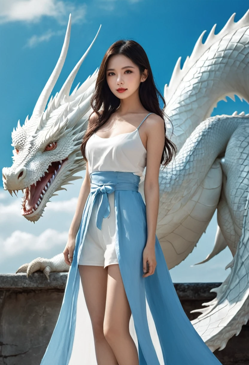 Beautifull women and white dragon blue sky..full body