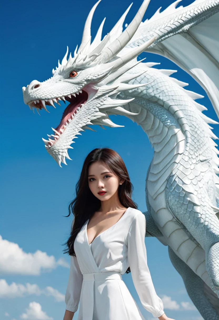 Beautifull women and white dragon blue sky..full body