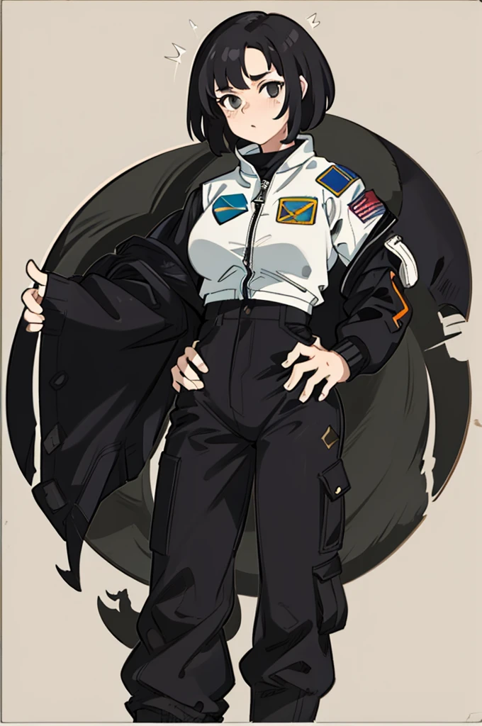 1girl, cargo pant, astronaut pants, jacket spacial, black hair, talk pose, stronger, muscular, shaved hair, masterpiece, best quality, highly detailed
