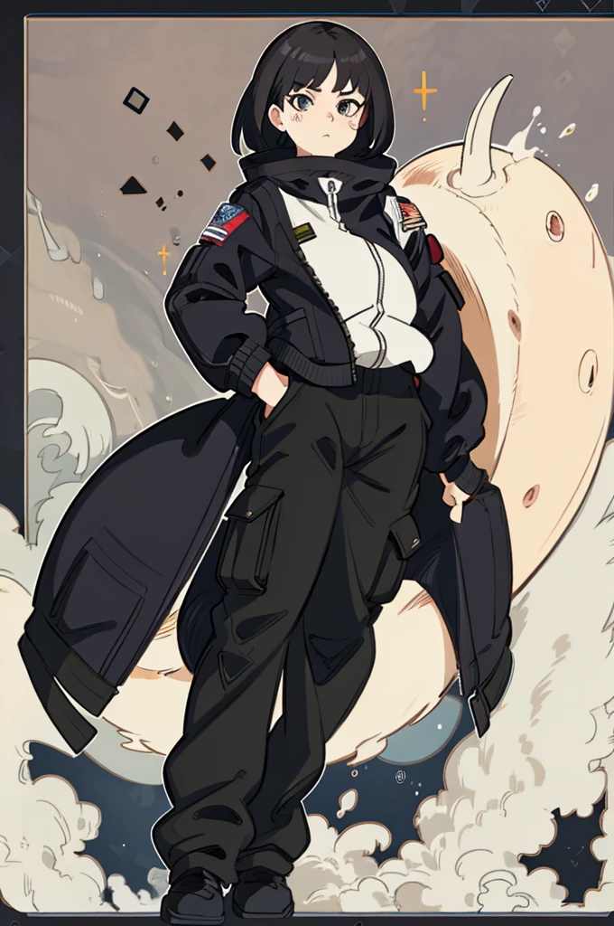 1girl, cargo pant, astronaut pants, jacket spacial, black hair, talk pose, stronger, muscular, shaved hair, masterpiece, best quality, highly detailed
