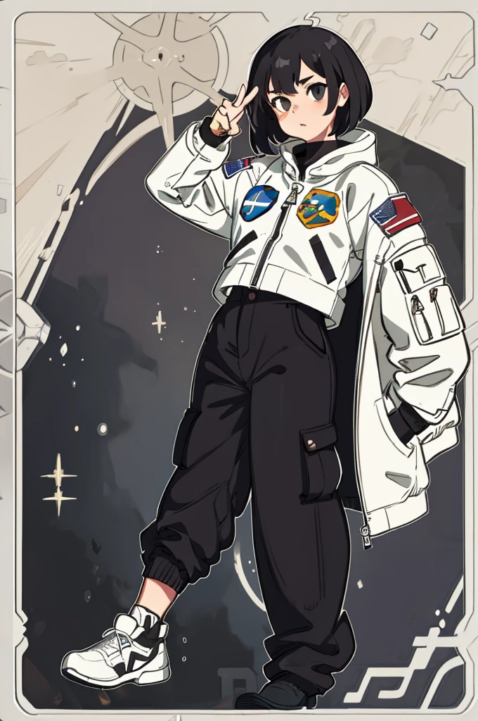 1girl, cargo pant, astronaut pants, jacket spacial, black hair, talk pose, stronger, muscular, shaved hair, masterpiece, best quality, highly detailed
