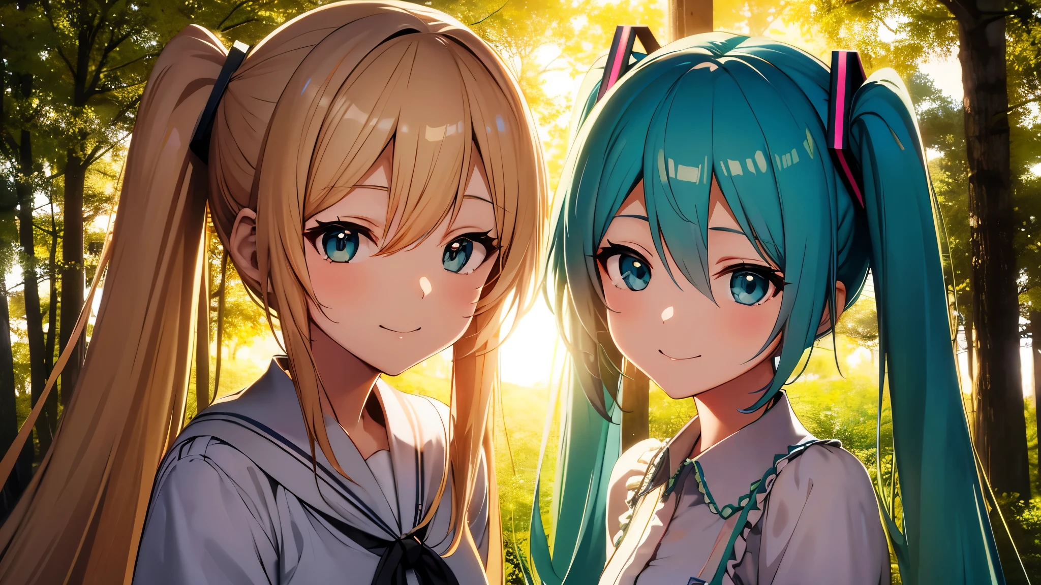 Anime characters、hatsune miku、Looking at you with a smile、wood々Sunlight background shining in from between
