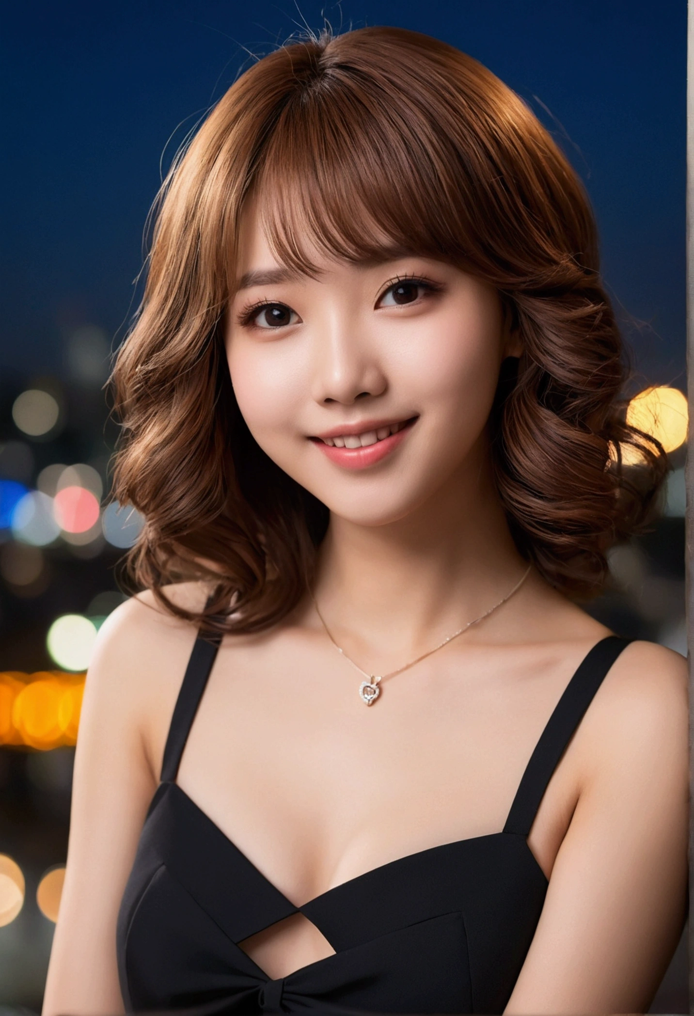 Tabletop, Highest quality, shape, Very detailed, In detail, High resolution, 8k wallpaper, Perfect dynamic composition, Beautiful details, She is wearing a black dress,Medium Hair,Natural color lip, Bold sexy pose,smile,Harajuku、20-year-old girl、cute、sexy shot looking at camera、C cup、Brown Hair、caste-like face、Blurred night downtown background