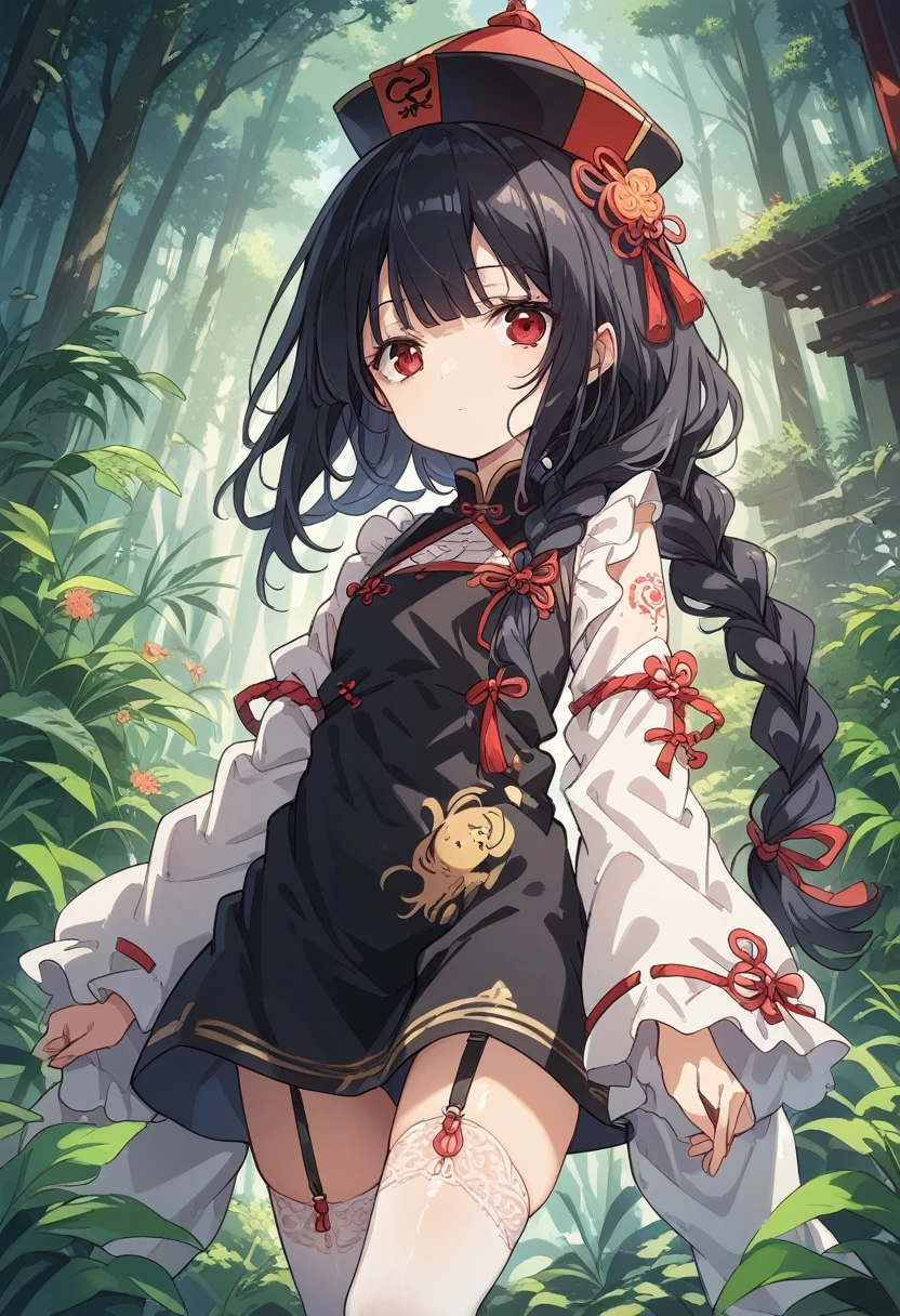BREAK Perfect Anatomy、(High resolution:1.2)、Incredible illustrations、(Cute illustrations:1.2)、(nsfw) (Beautiful background(forest)) 1 girl(Black hair, long hair, single braid, red eyes,tattoos, )(young adult woman:2.0)
(Very baggy China Hat, long ruffled sleeves, jiangshi cheongsam, yellow and black apron, garter stockings)
(black hair, long hair, single braid)
(white skin:1.3, expressionless)
