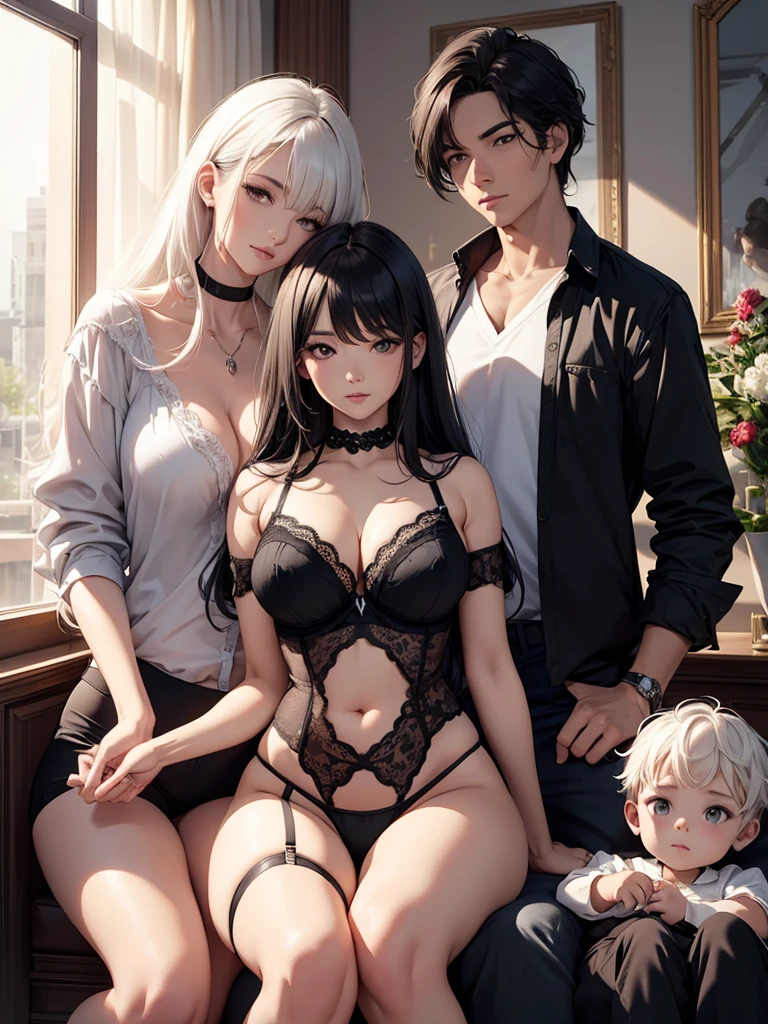 (8K, Best Quality, lingerie, Ultra High Resolution) 3 People, Woman with 2 children sons, Woman has dark hair, oldest son has white hair, youngest baby son has black hair