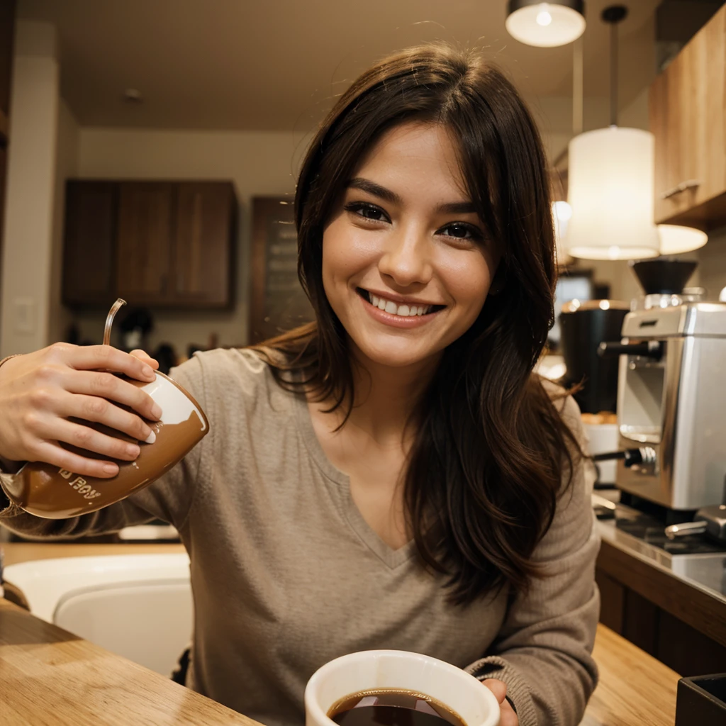 A person drinking coffee and smiling.