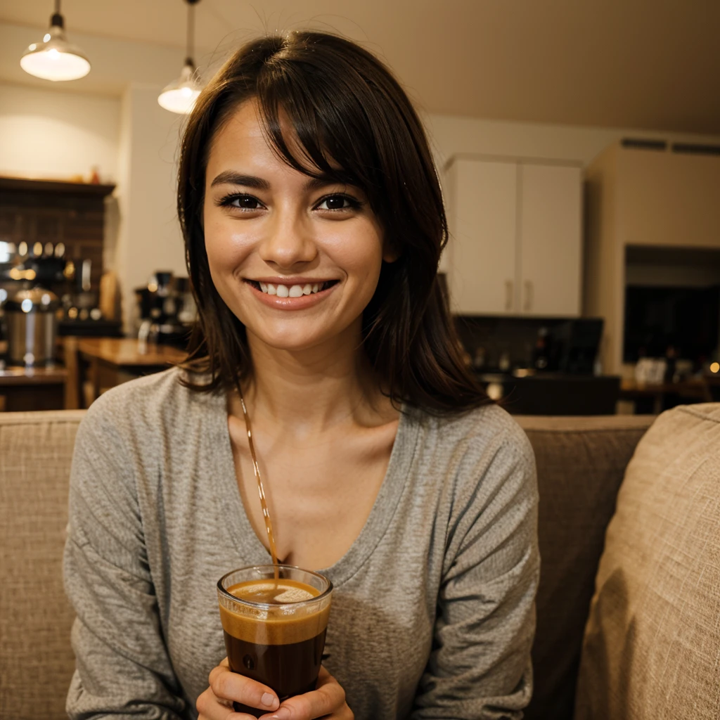 A person drinking coffee and smiling.