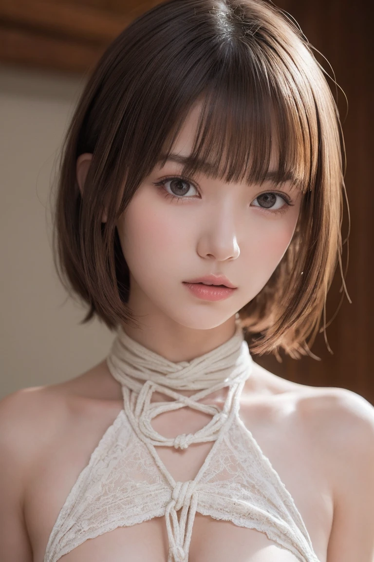 one girl, (a beauty girl, delicate girl:1.3), (:1.3),
break, (shibari:1.3),
break, Very fine grain definition, (Symmetrical eyes:1.3),
break, (Bedroom:1.3),
break, naked, Small breasts, Brown eyes, Parted bangs, Brown Hair, girl,
break, (Eye and facial details:1.0),
break, (masterpiece, Highest quality, Super detailed, Detailed face, 8k)
