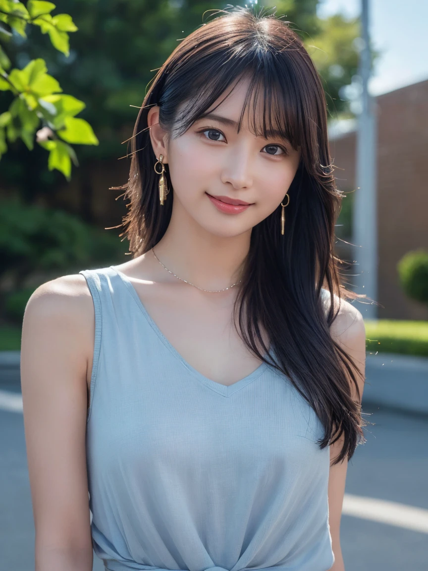 (Highest quality:1.4),(masterpiece:1.4),(Realistic:1.4),(Realistic:1.2),(超High resolution, RAW Photos:1.4),(High resolution, Very detailed:1.2),(8k:1.2),Movie Photos,Photographed in natural light, a photo of a dark-haired,One Girl,smile,Spring Clothes, Simple Earrings,alone,wear,((whole body:1.3))