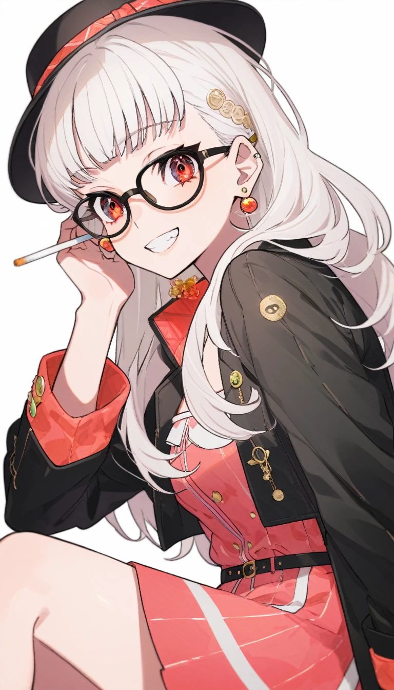 One girl, alone, Long Hair, View your viewers, smile, bangs, 水色のJacket, Red pastel skirt、Red eyes,White hair in the eye、Beautiful eyes that shine、Long sleeve, Boater hat、jewelry, Sitting, Jacket, Upper Body, Silver Hair、 earrings, Glasses, teeth, Grin, open Jacket, black Jacket, Earrings, sunGlasses, ring, ear Earrings, cigarette, cigarette, 喫cigarette, 色付きGlasses, White Background、White background,Umaibo、Candy