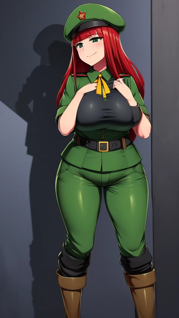 A Soviet military girl, tall, sexy, good, big breast, friendly, happy, long red hair, smooth, her gray eye, pink lip, she dresses in a green metallic top, a black patch, her chest, her waist, a yellow ribbon, and her pants, metallic green, big thigh, sensual big yellow boot, wearing a black Soviet winter cap, she is happy. hug his twins bad sister dark dictatorship villainous murderer